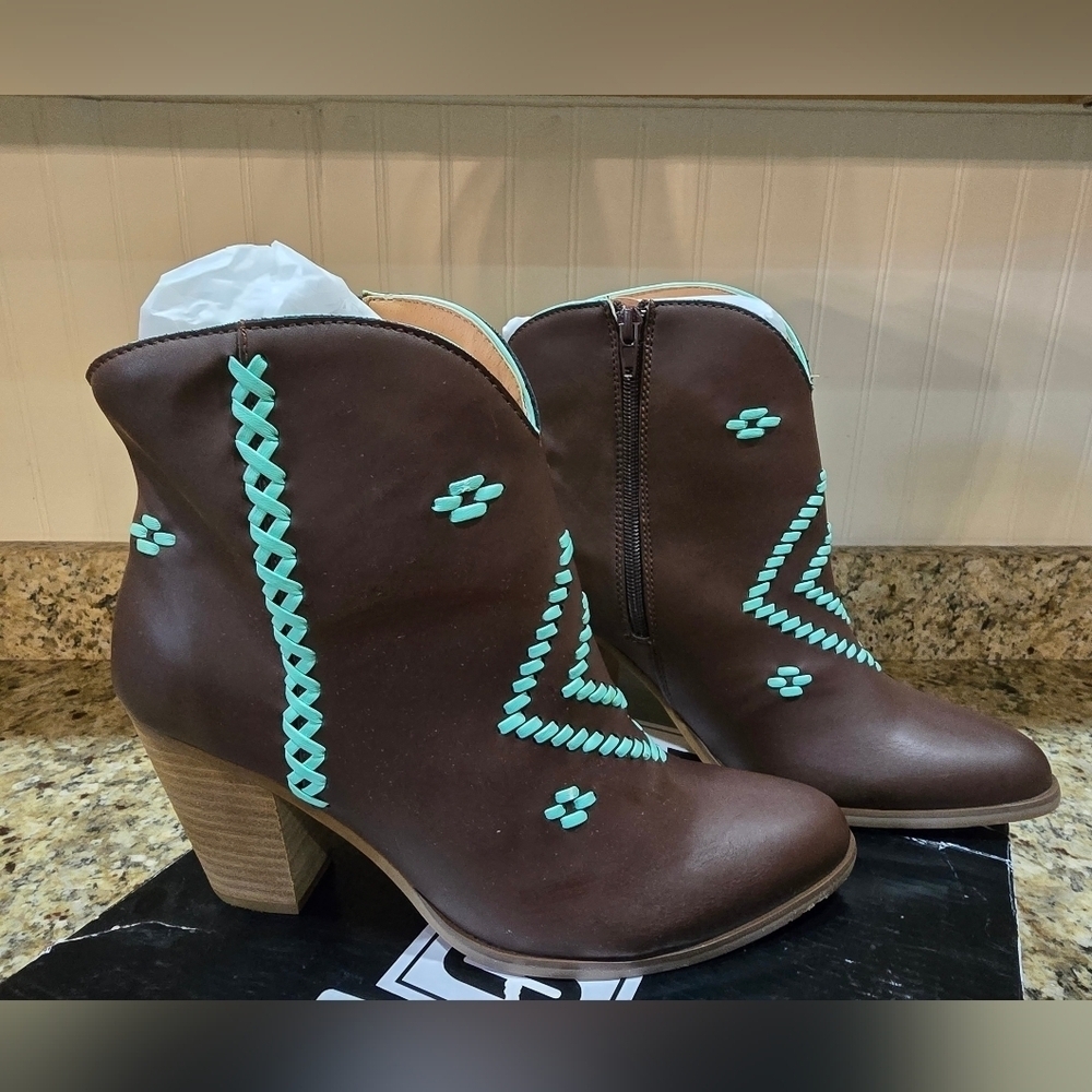 Code West Womens Brown & Teal Leather Western Booties Size 9.5 New In Box - Picture 2 of 5